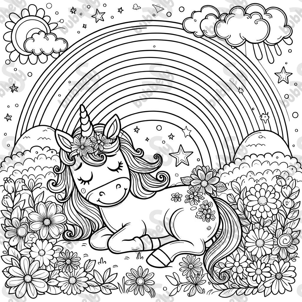 Unicorn under a rainbow with flowers on the ground but no hill 