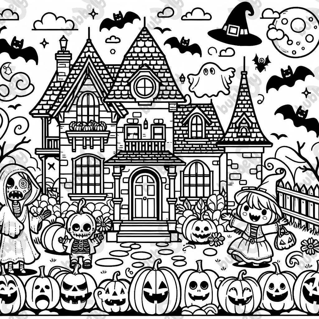 ein Geisterhaus für Halloween mit Kürbissen, Zombies, Hexen, Geistern und Fledermäusen