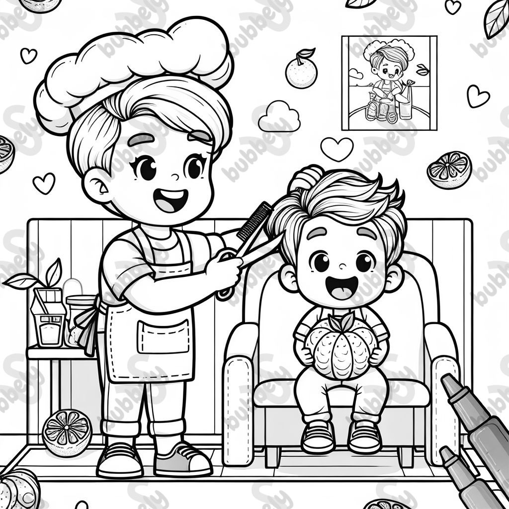 An italian hairdresser cutting a toddler boys hair while he is happy eating a mandarin fruit