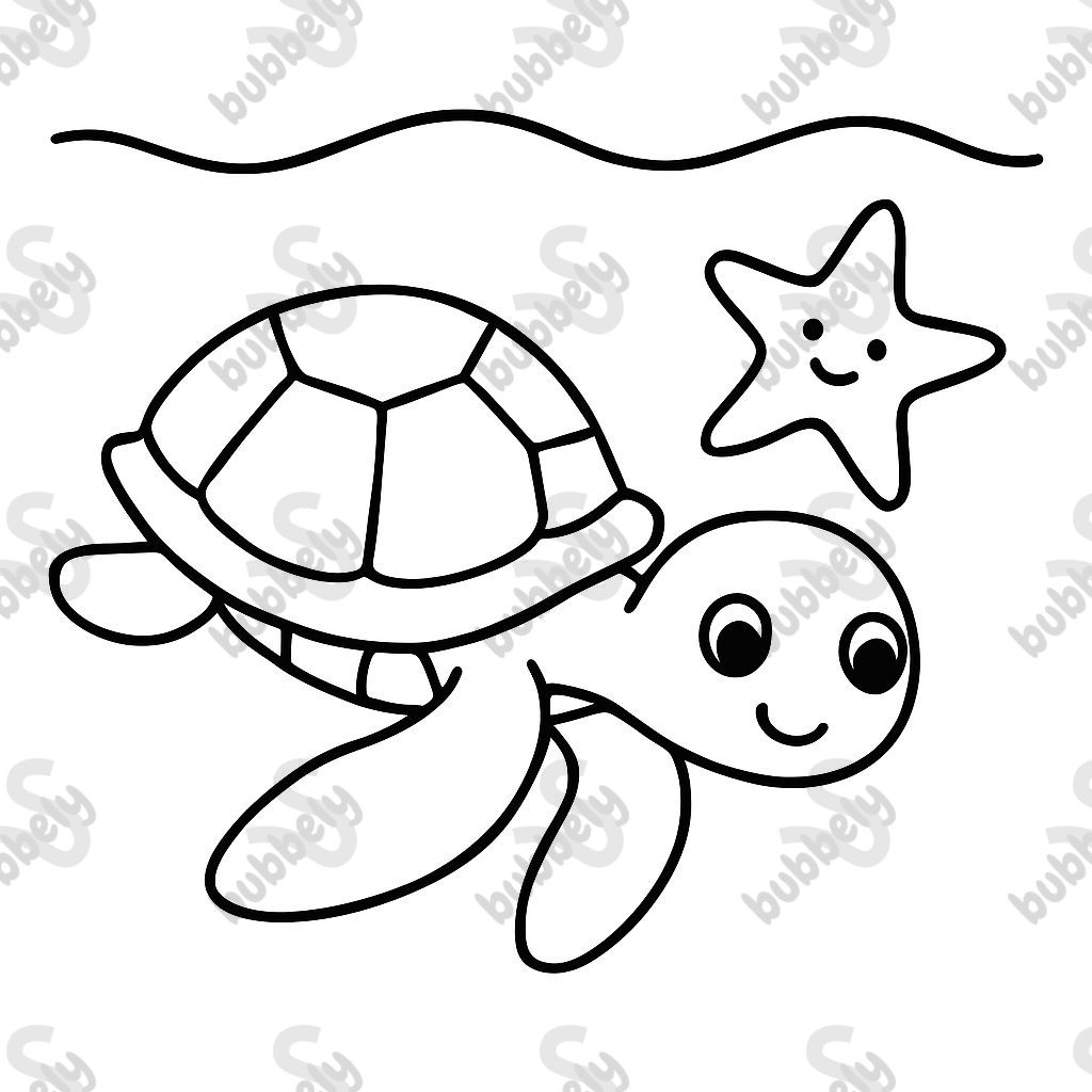 Une tortue de mer nageant avec une étoile de mer Une tortue de mer nageant avec une étoile de mer