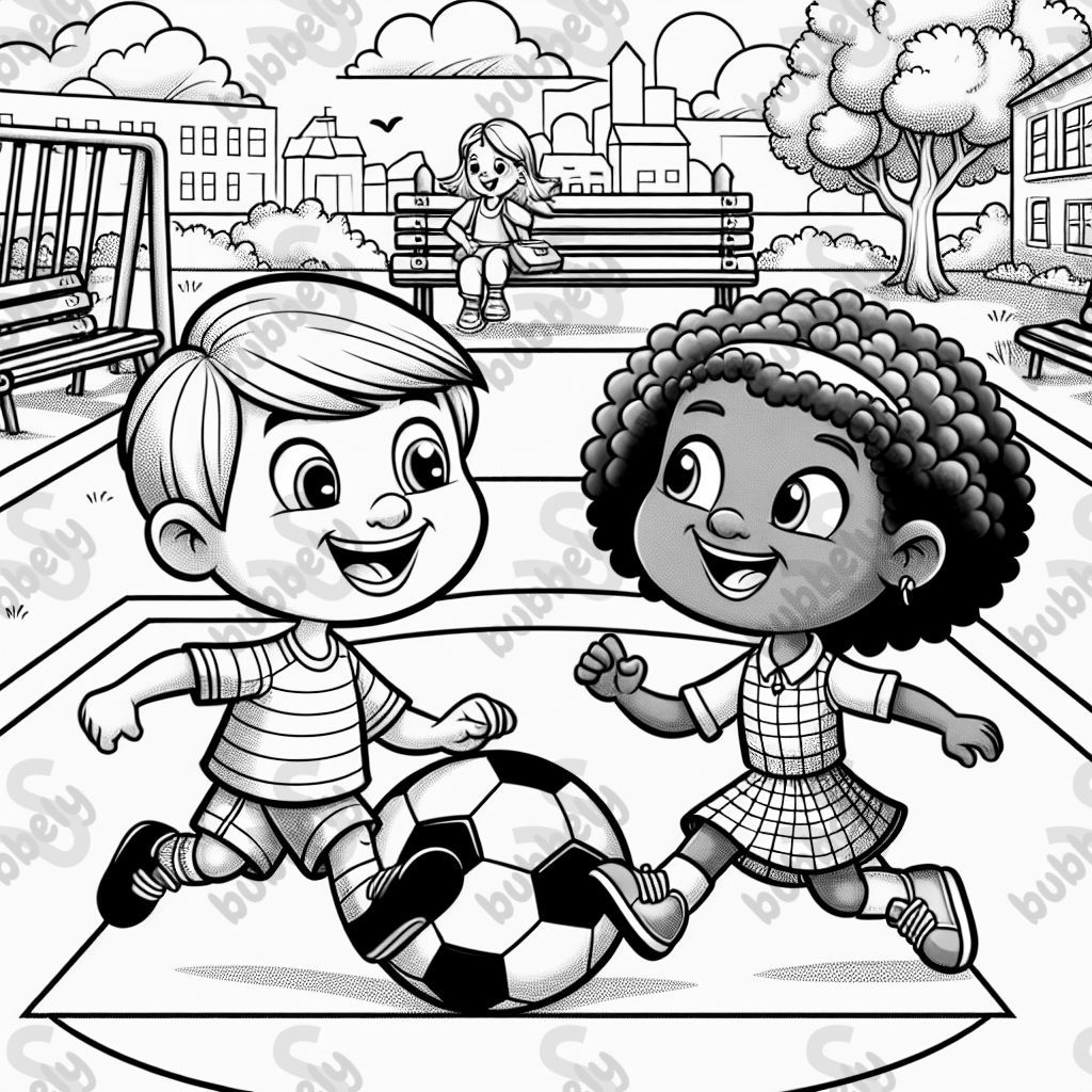 A boy and girl playing soccer in the schoolyard