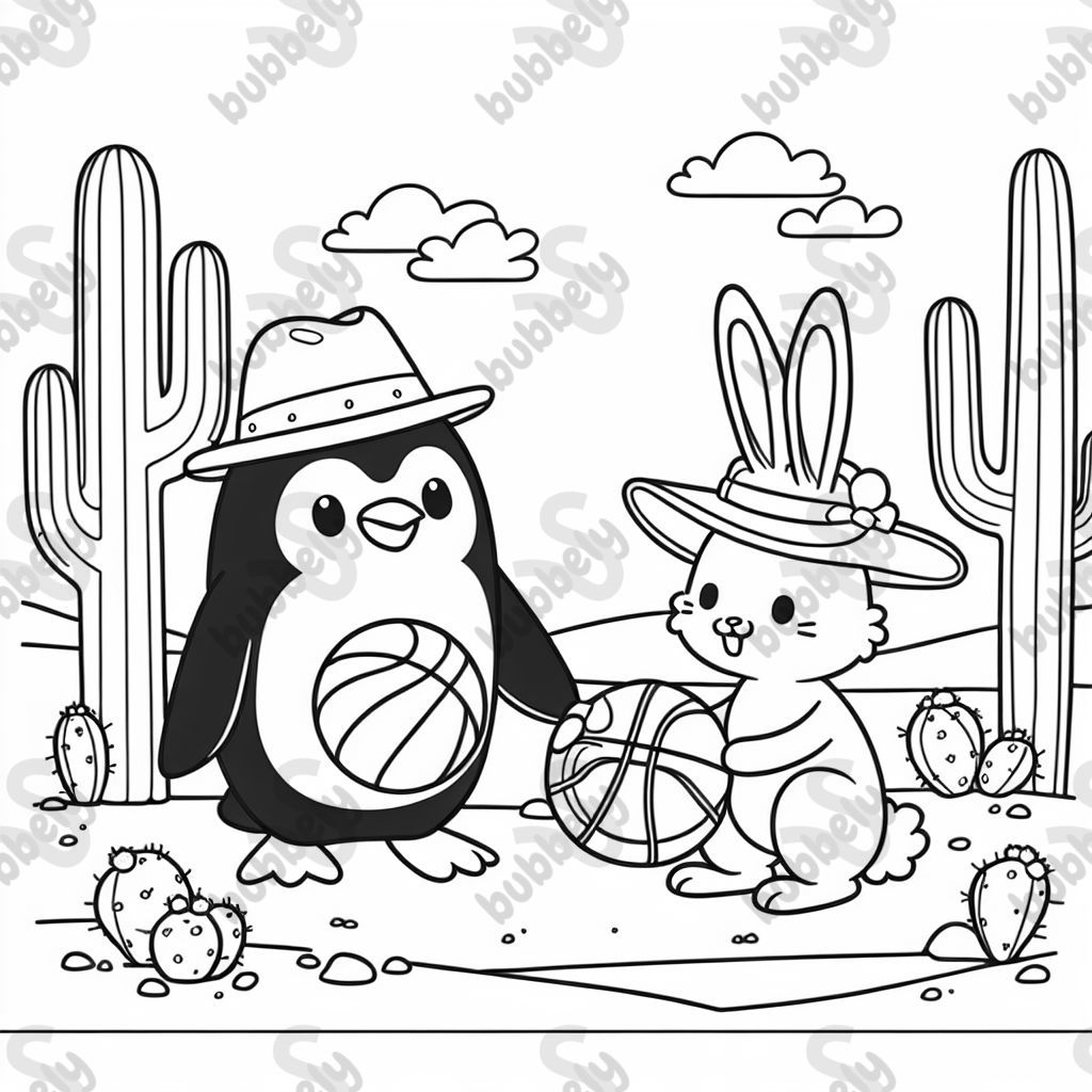 a penguin and a rabbit with hats who play basketball in the desert