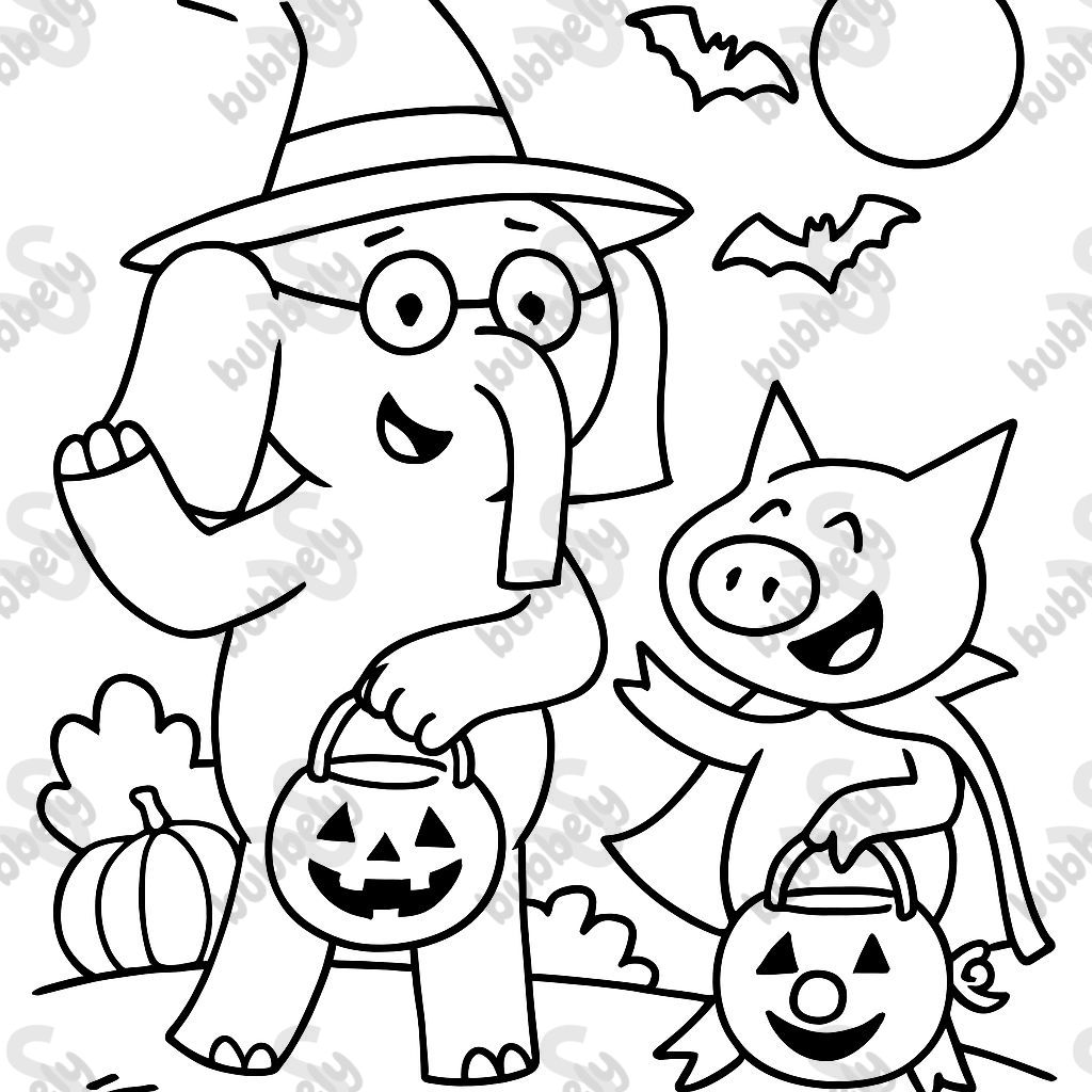 elephant and piggie enjoying Halloween together