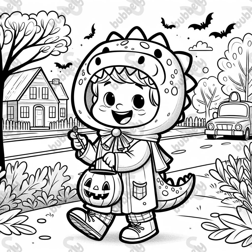 Bridget wearing a dinosaur costume while trick or treating at Halloween 