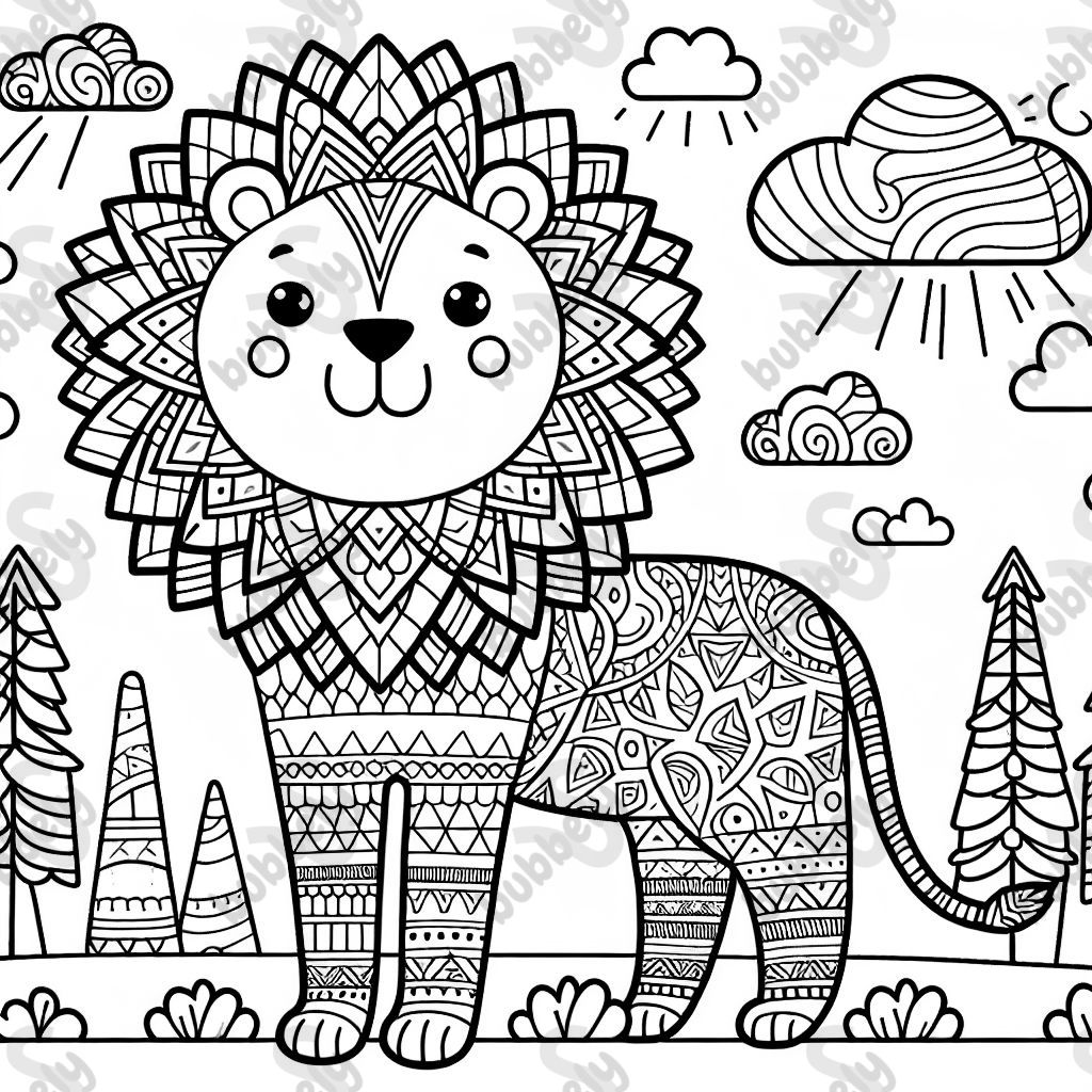 an adult coloring page of a lion with a geometric pattern