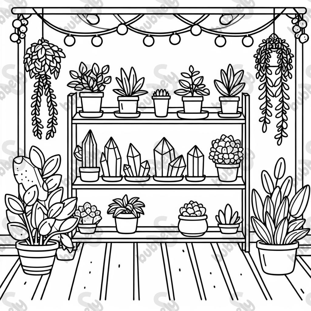 A shelf of plants and crystals