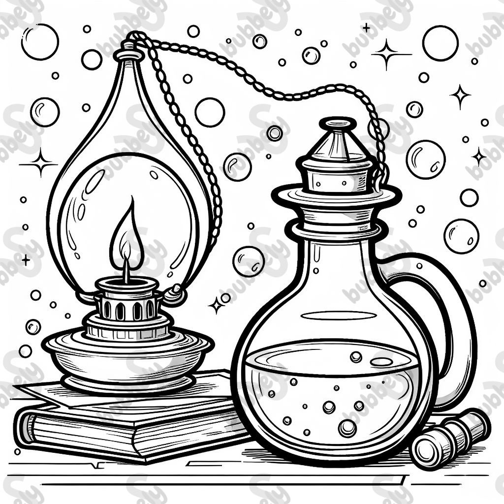 eine Öllampe mit einem Ölfläschchen daneben