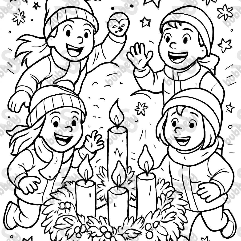 Advent wreath 4 candles 4 children in winter clothing background stars and snowflakes