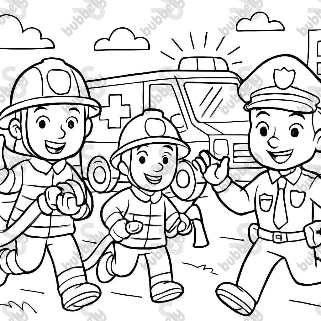 an ambulance, firefighters and cops