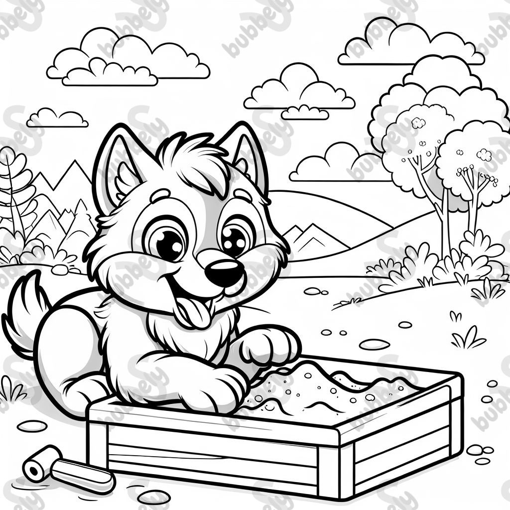 Wolf cub playing in the sandbox