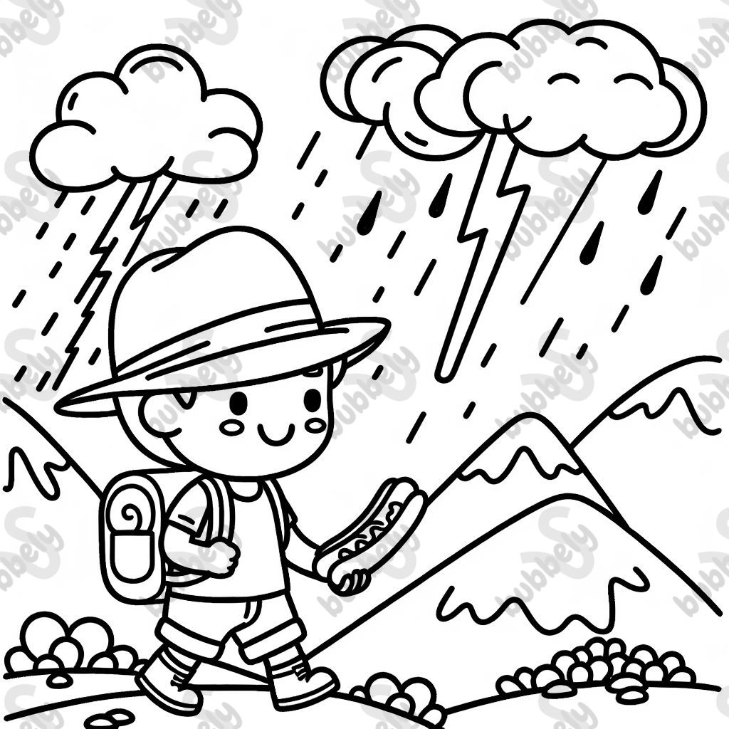 Child president hikes over mountains with a straw hat and hotdog during a thunderstorm