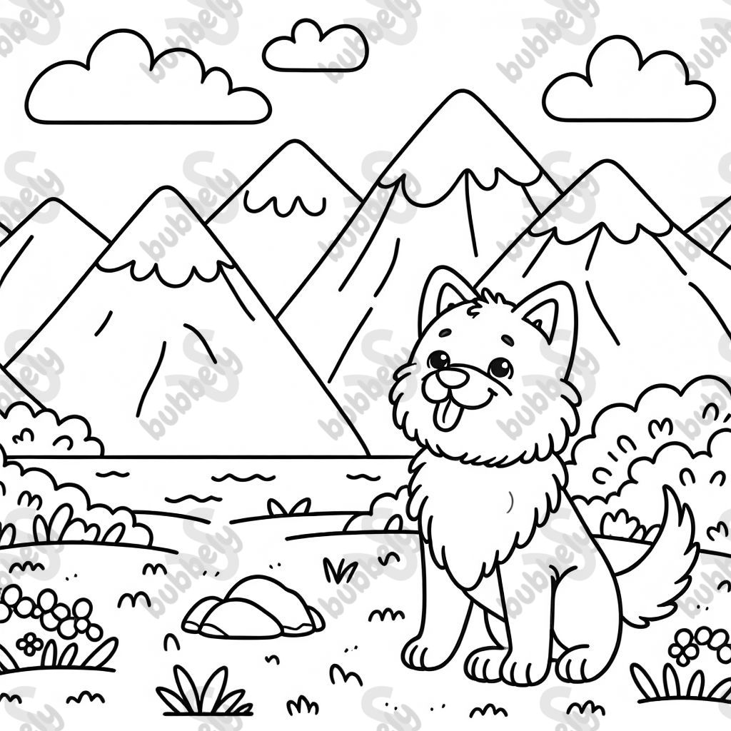 Dog in front of mountains