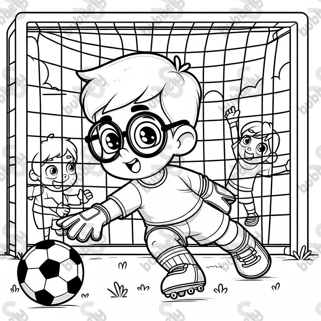 a child with glasses in the soccer goal