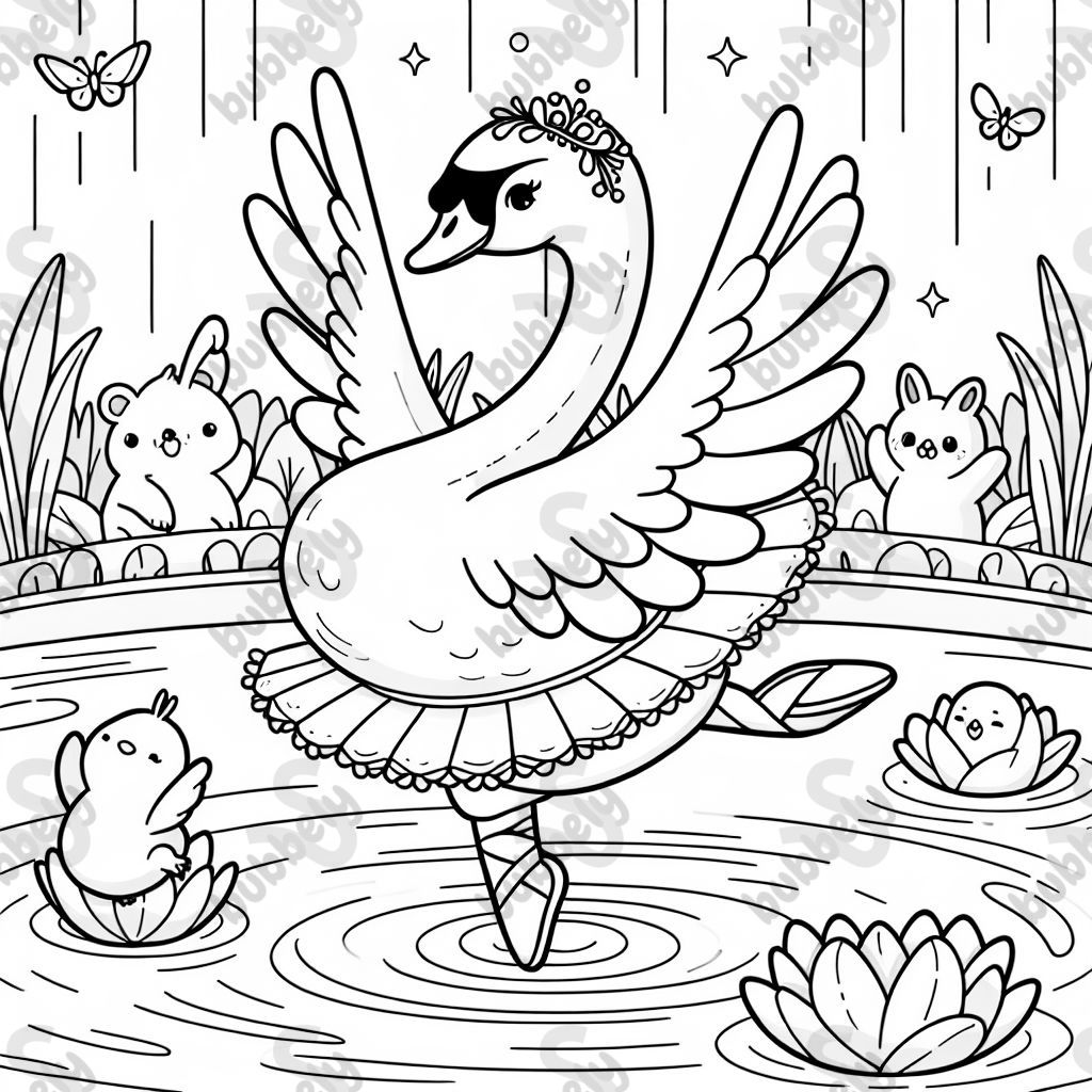 A graceful ballerina swan performing an elegant dance, perfect for a coloring page.