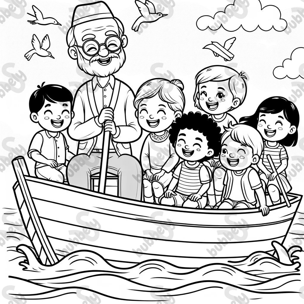 9 kids on a boat with grandad