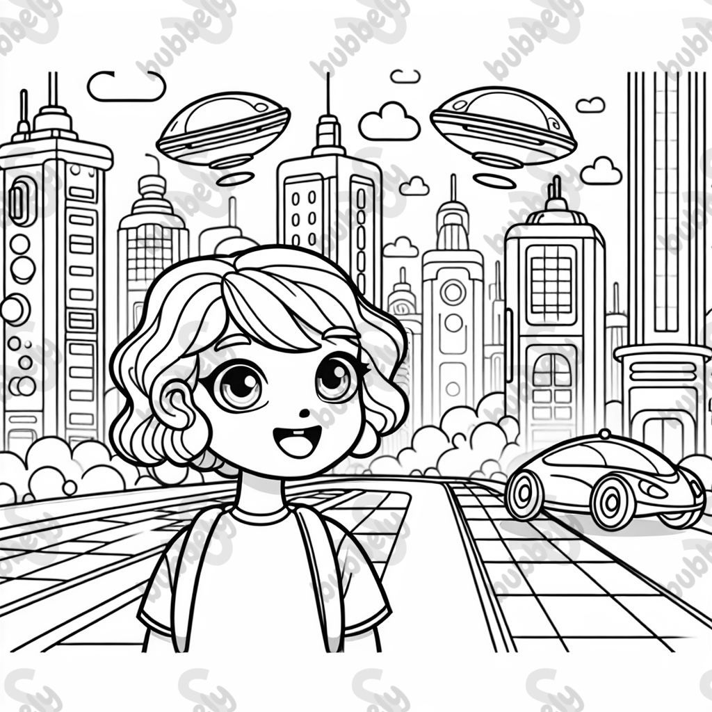 a girl with a wavy bob haircut in a futuristic city scene