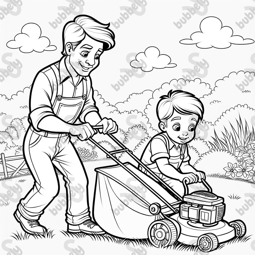 a father and son mowing the grass