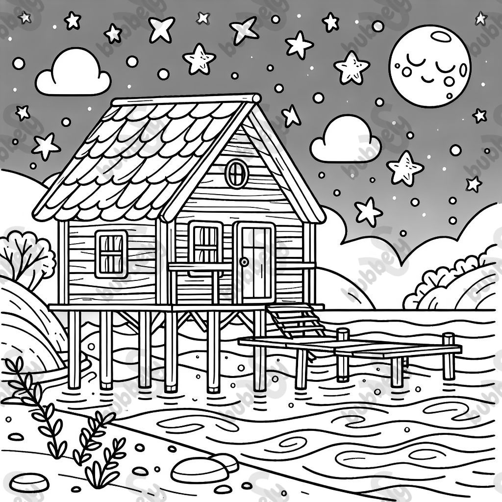 Ein Haus auf Stelzen im Meer in der Nacht