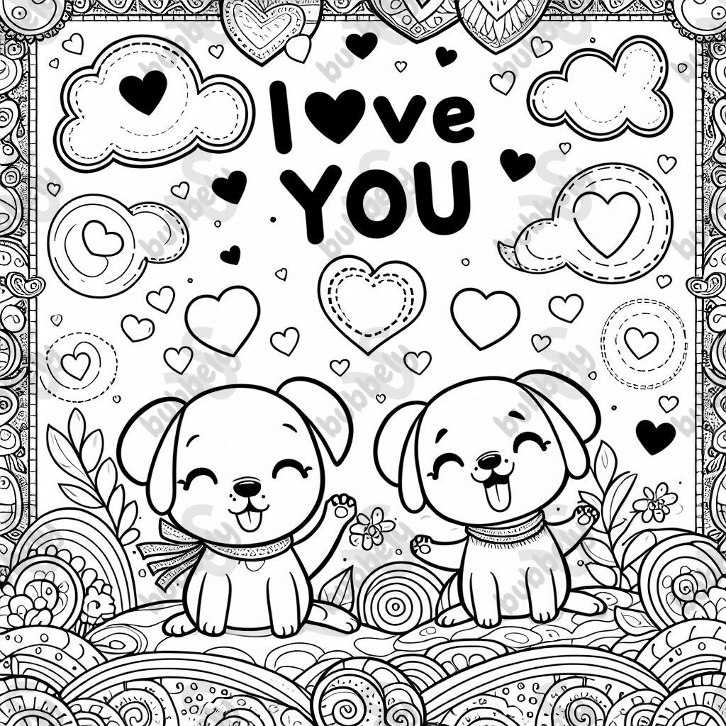 I LOVE YOU ALONG THE TOP OF THE PAGE WITH HEARTS AND PUPPIES