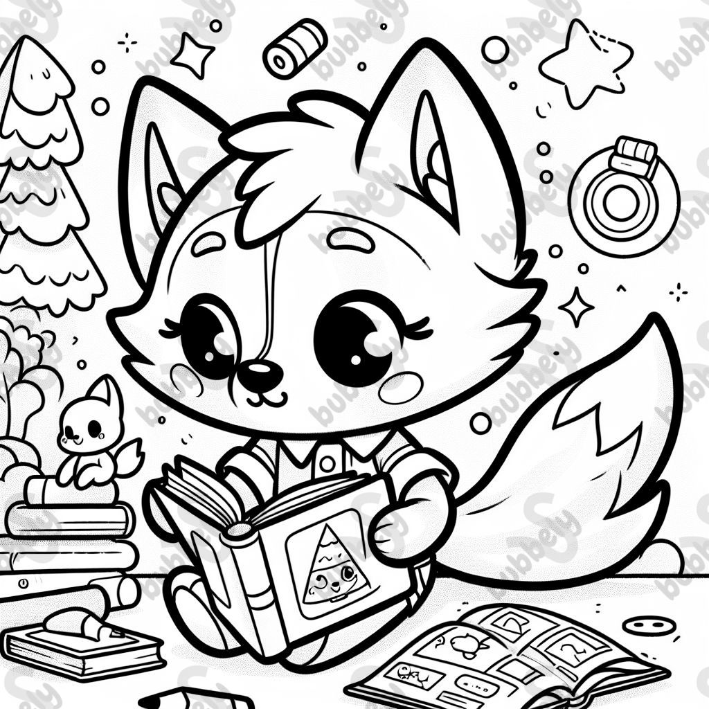 a cute young fox reading a book
