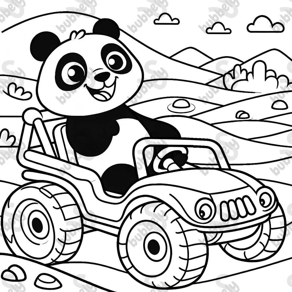 Panda in a dune buggy