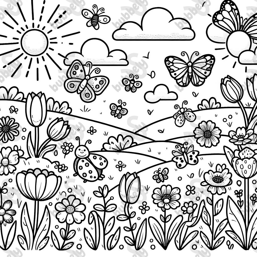 Spring meadow with butterflies, flowers, ladybugs, tulips, sun