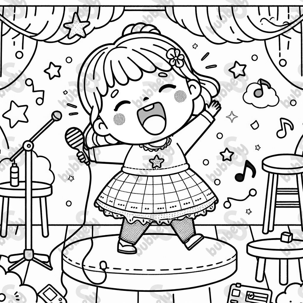 A 5 year old girl putting on a concert singing and dancing.