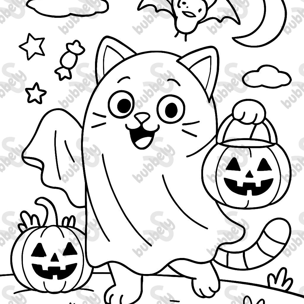 kitty dressed up like a ghost for halloween