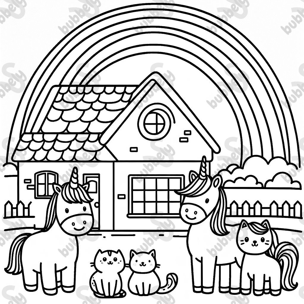 A rainbow over a house. In front of the house stands a unicorn, a horse, a unicorn cat, and a horse cat.