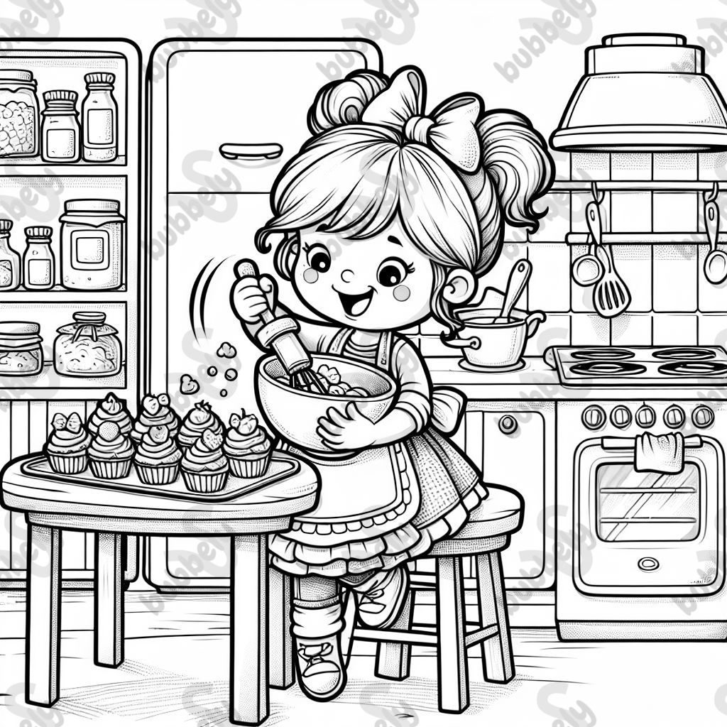 A little girl baking cupcakes