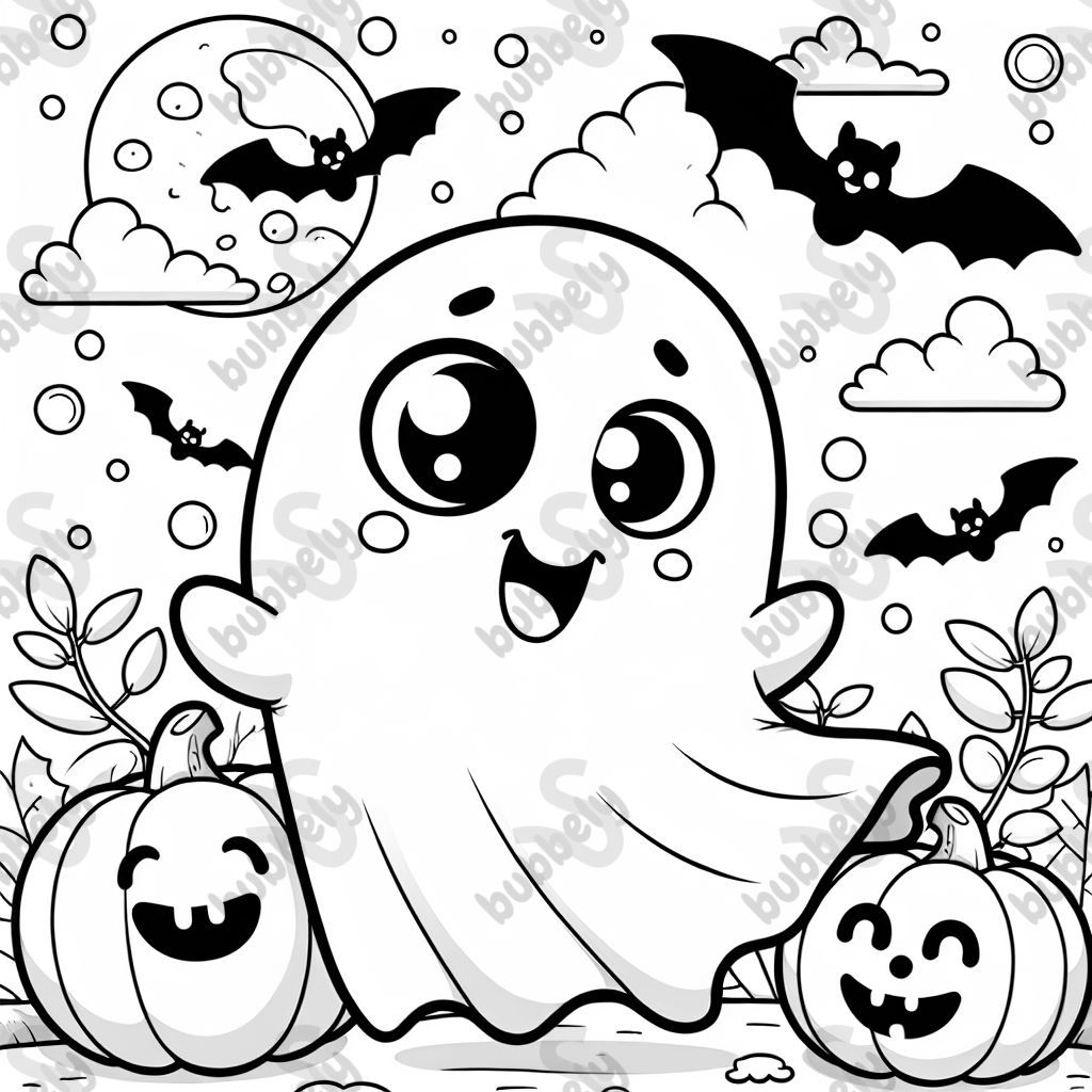 ghost with large cute eyes with pumpkins in the background and some bats