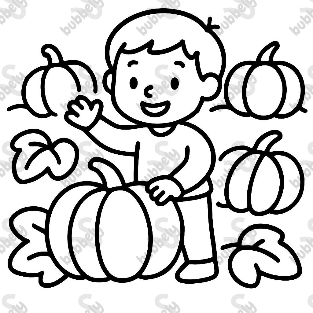 A boy playing in a pumpkin patch