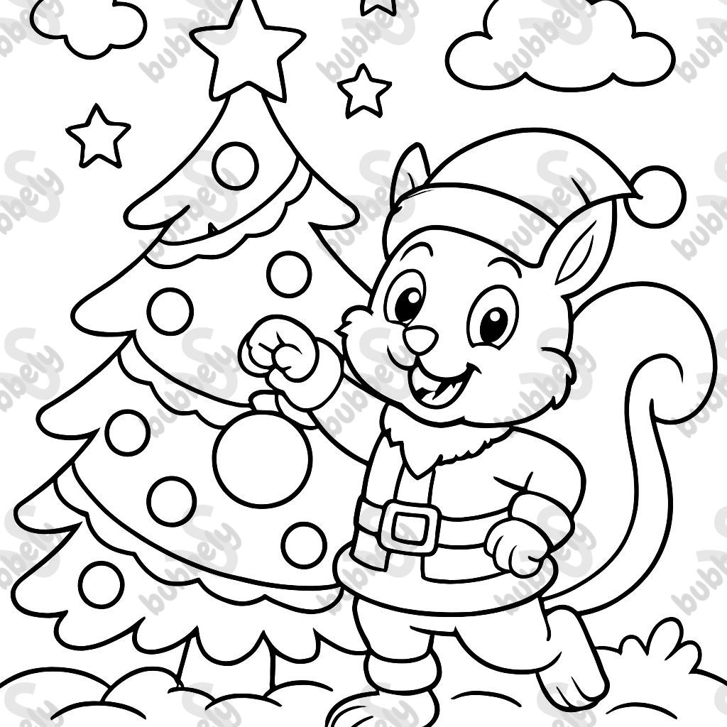 squirrel on Christmas tree wearing Santa costume