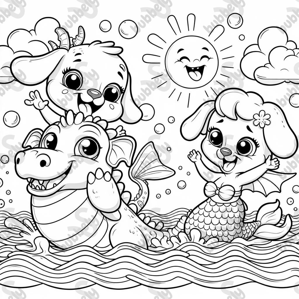 two mermaid sisters who are puppies and swimming with a dragon two mermaid sisters who are puppies and swimming with a dragon
