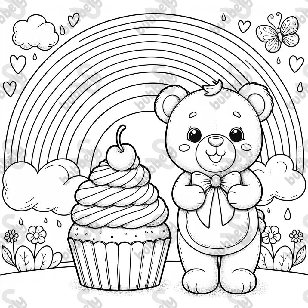 A teddy bear holding a cupcake with a rainbow in background