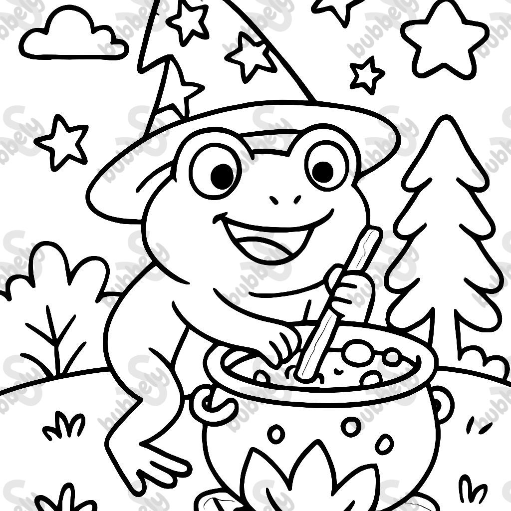 Une grenouille mignonne portant un chapeau de sorcier en train de cuisiner dans un chaudron.