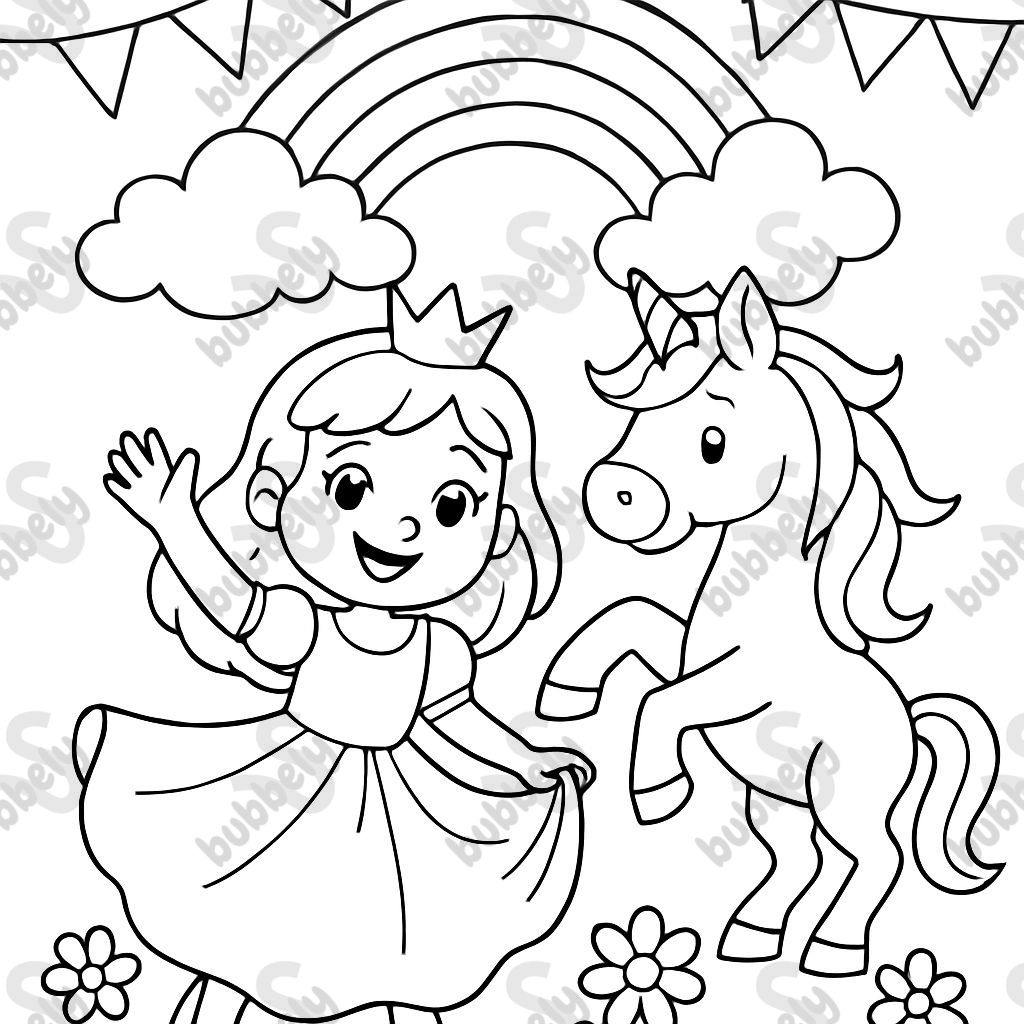 Create a coloring page with just lines, nothing filled in, featuring a princess party, oh dear, in black, without women, with a rainbow, clouds, and a unicorn.