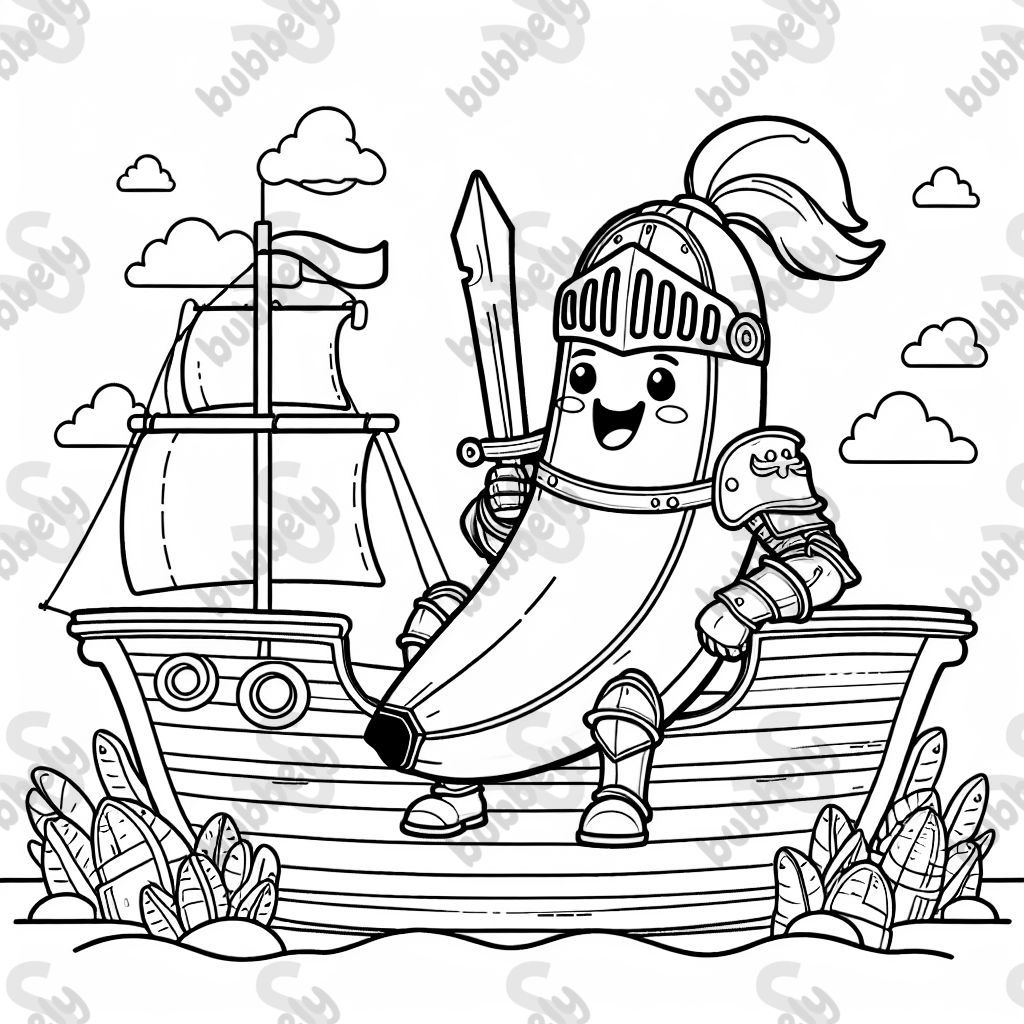a banana in knight armor sitting in a pirate ship