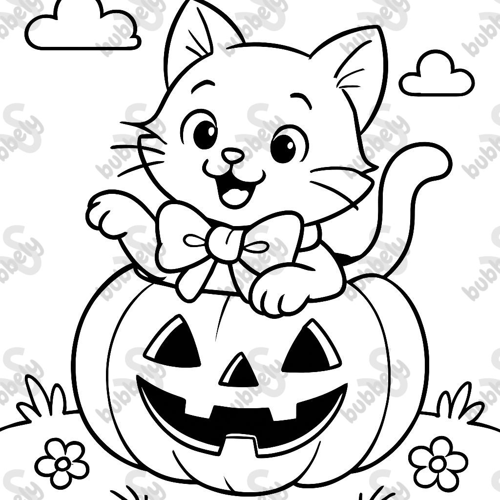 a kitten in a pumpkin with a bow