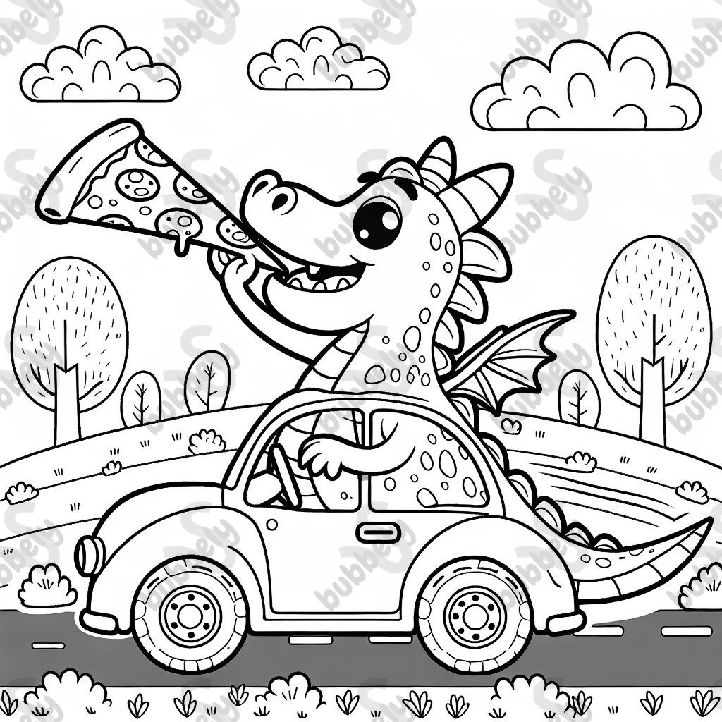 Drache der mit einer Pizza in der Hand Auto fährt und pupst