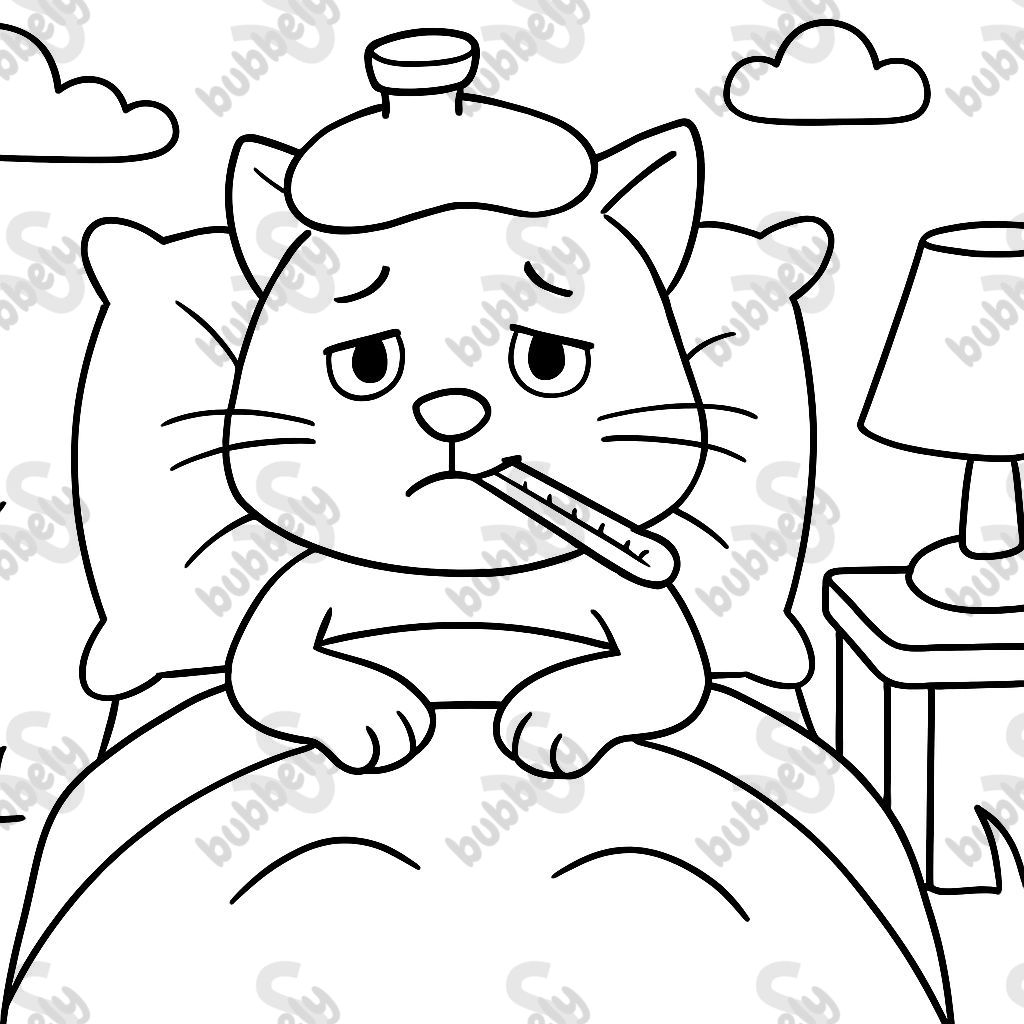 Cat lying sick in bed with a thermometer in its mouth Cat lying sick in bed with a thermometer in its mouth