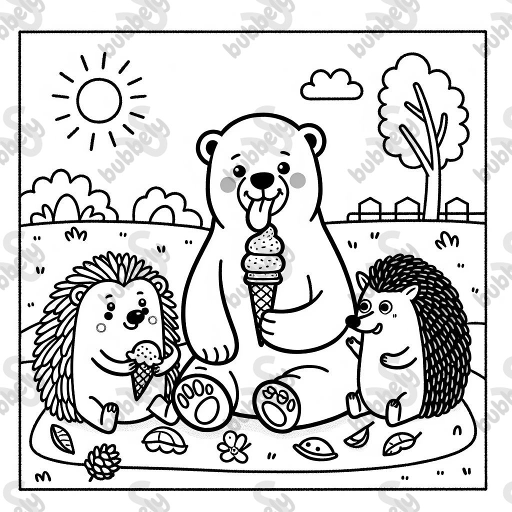 A polar bear enjoying ice cream with his friends, a hedgehog and a colorful dog.