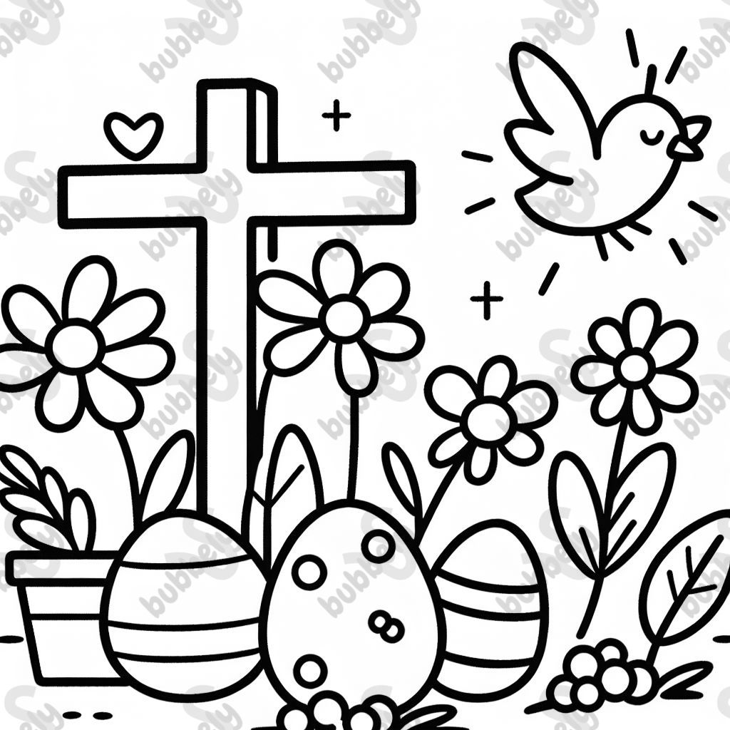 easter flowers and cross and eggs