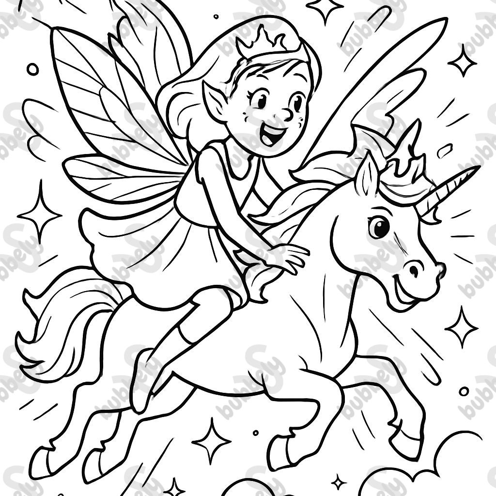 Fairy with dress and wings and glitter on face and crown on flying unicorn