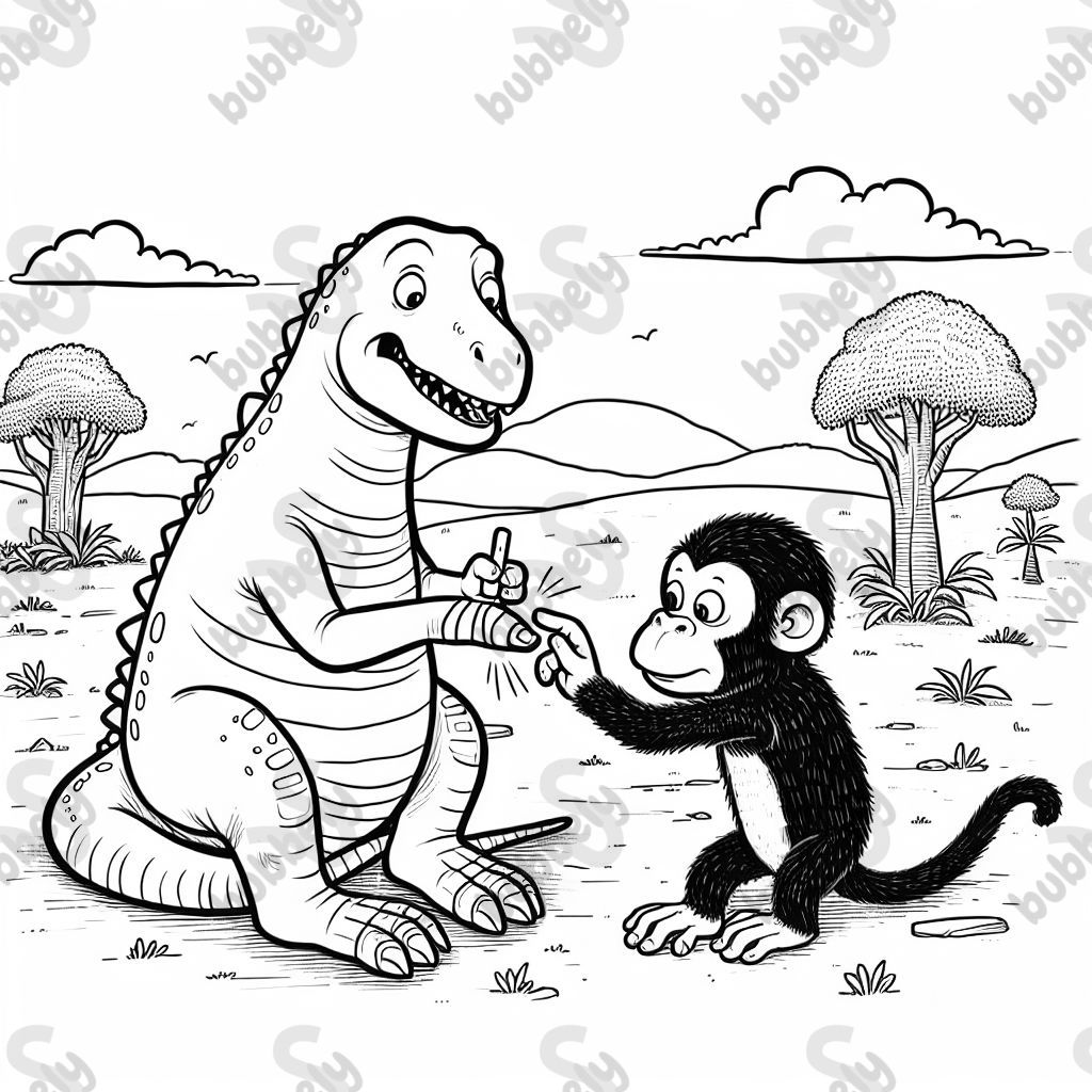Dinosaurier, der sich am Finger weh getan hat. ein Affe klebt ihm ein Pflaster auf den Finger