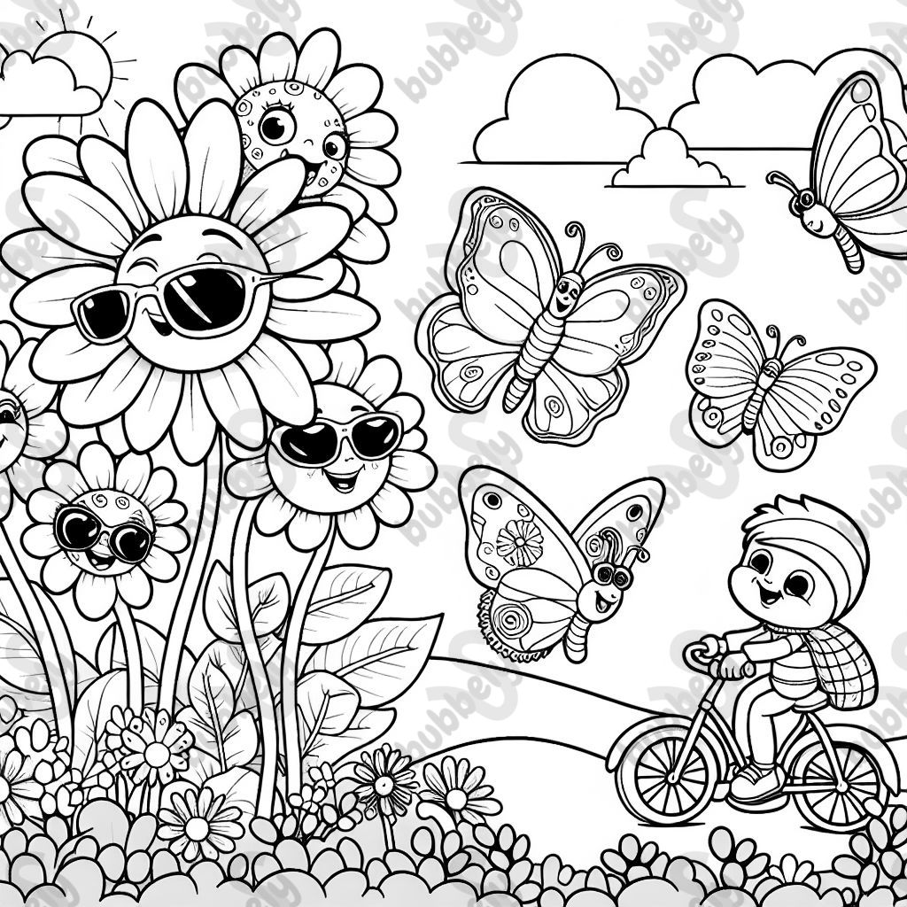An imaginative garden where flowers have faces, butterflies wear tiny sunglasses, and caterpillars ride miniature bicycles.