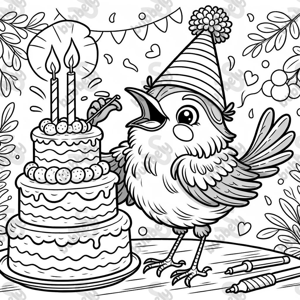 A Wren bird with a birthday hat eating a slice of birthday cake