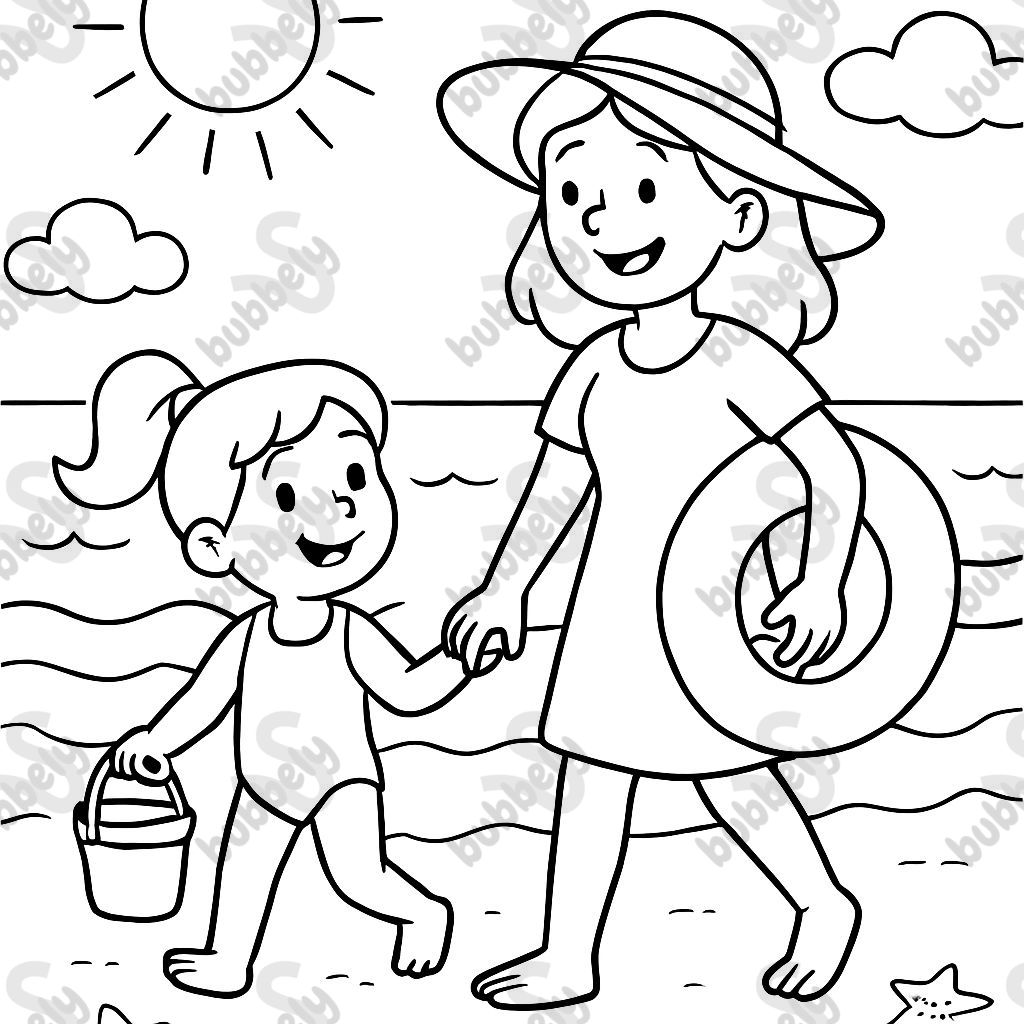 Little girl and mommy going to the beach