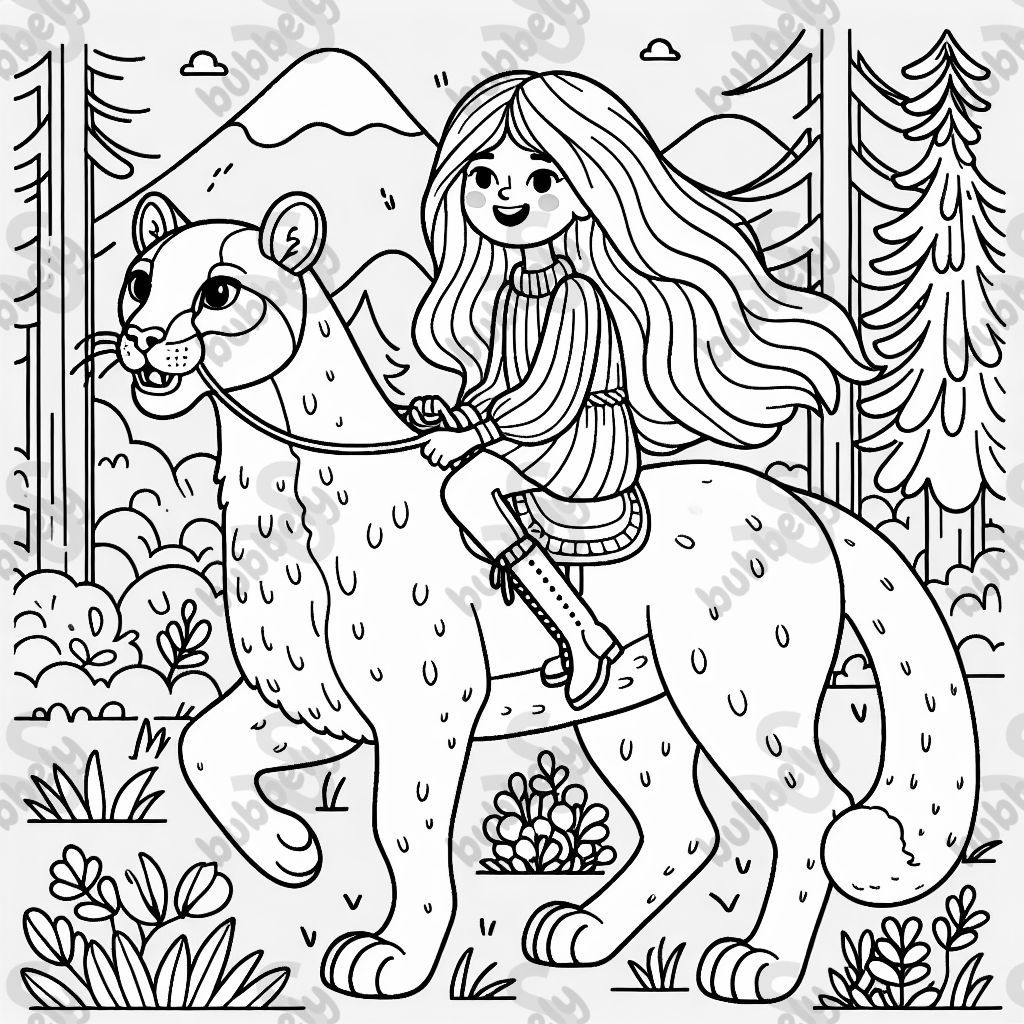 Nine-year-old blonde girl with long hair riding on a puma