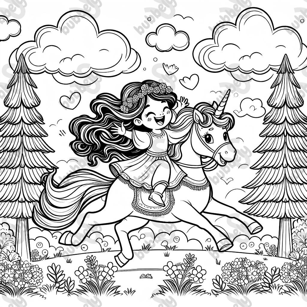 A girl on a unicorn with the name Avaani on the page